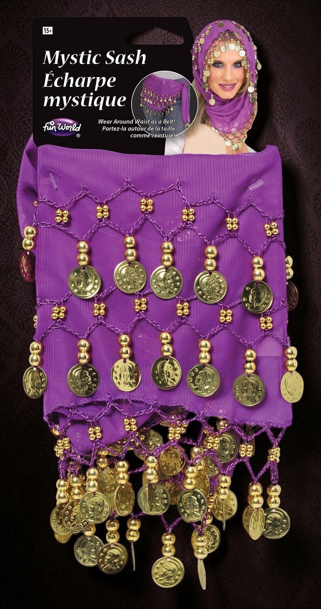 Halloween-Emporium purple fabric headpiece and waist wrap with gold-tone coins for belly dancing or costume wear.