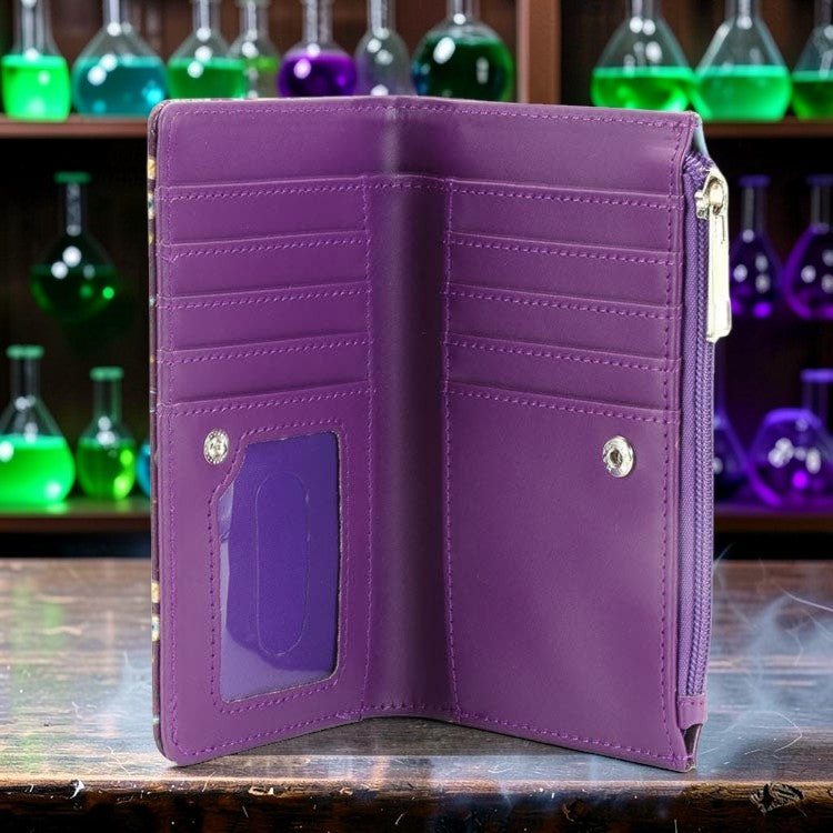 Halloween-Emporium purple vinyl wallet open to show card slots, ID window, and zippered compartment on a lab table.