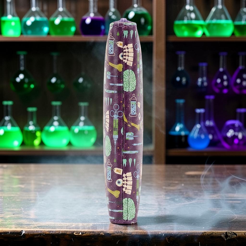 Halloween-Emporium purple vinyl wallet with mad scientist motifs standing on a wooden table in a laboratory setting.