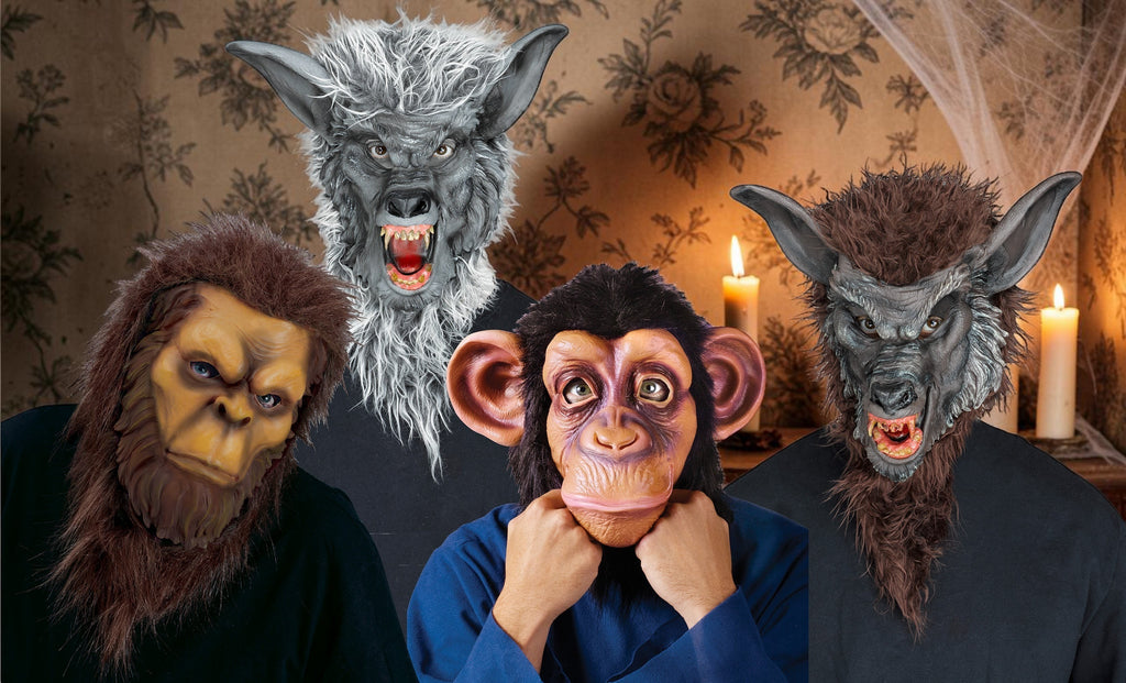 Halloween-Emporium realistic animal creature masks including werewolf and primate styles with detailed fur accents
