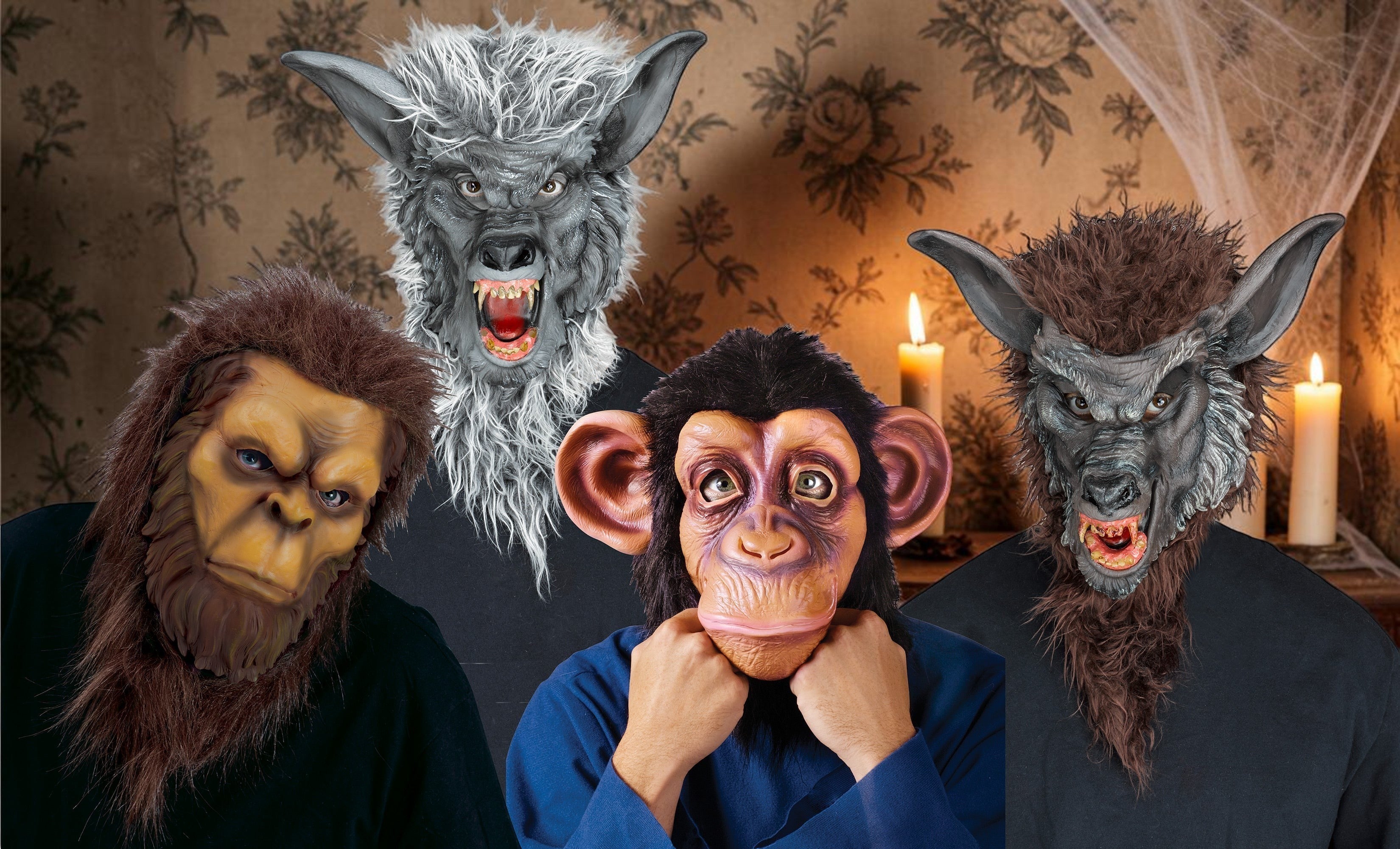 Halloween-Emporium realistic animal creature masks including werewolf and primate styles with detailed fur accents