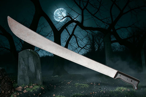 Halloween-Emporium 27-inch realistic costume machete prop with a weathered metallic blade and textured black handle.