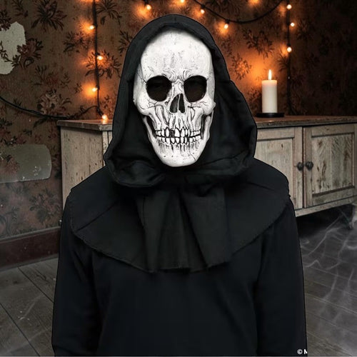 Halloween-Emporium adult reaper horror mask with weathered white skull face and attached black fabric shroud