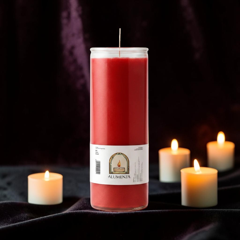 Halloween-Emporium 7 day red pillar candle in a glass jar, surrounded by small tea lights on a dark velvet cloth.