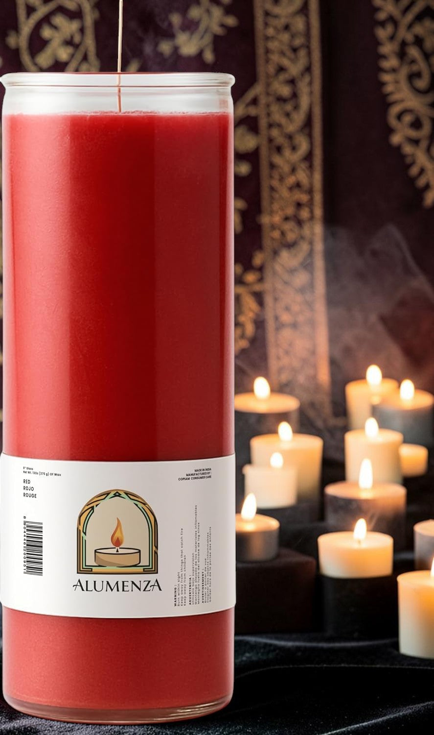 Halloween-Emporium 7 day red candle in a glass jar with a white label, set against a background of glowing candles.