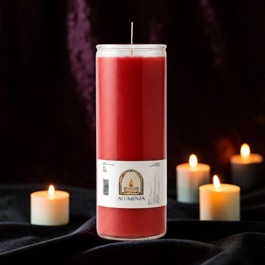 Halloween-Emporium 7 day red pillar candle in a glass jar, 2 by 8 inches, set against a dark, moody background.