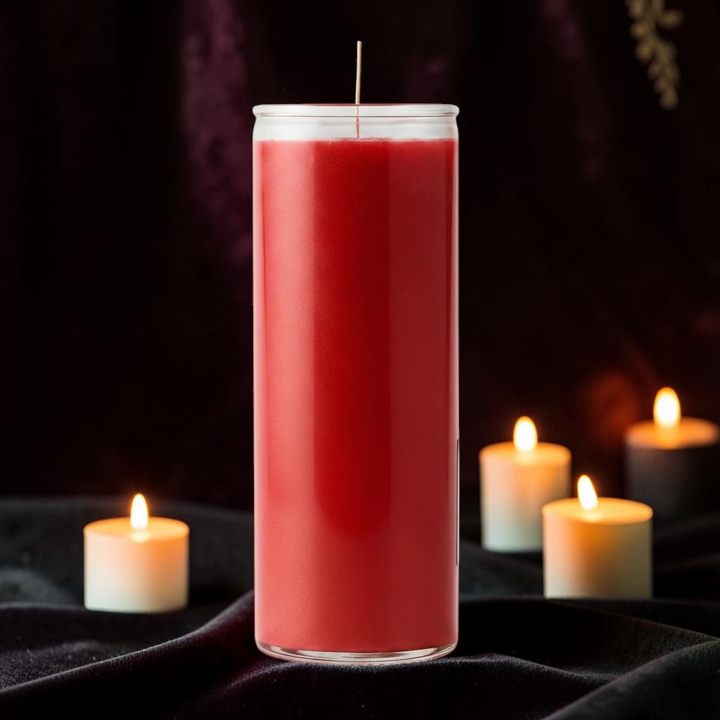 Halloween-Emporium 7 day red wax candle in a clear glass cylinder, set against a dark velvet background with tea lights