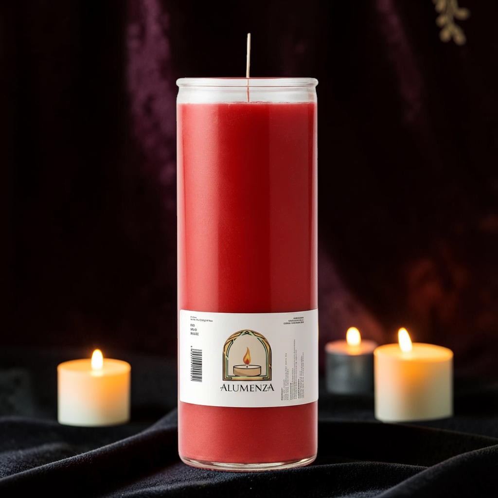 Halloween-Emporium 7 day red pillar candle in a glass jar, 2 by 8 inches, set against a dark velvet background.