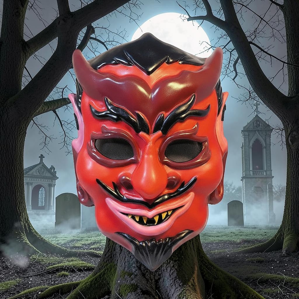 Halloween-Emporium red and black devil injection mask with sculpted horns and toothy grin for horror costumes.