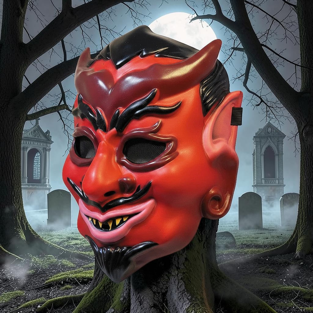 Halloween-Emporium red and black devil injection mask with sculpted horns and toothy grin in a spooky graveyard setting
