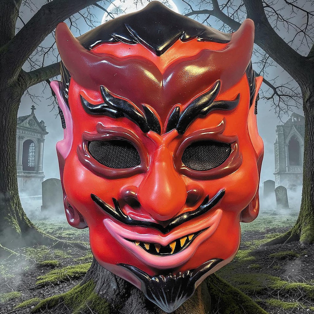 Halloween-Emporium red and black devil injection mask with sculpted horns and a sinister grin for horror costumes.