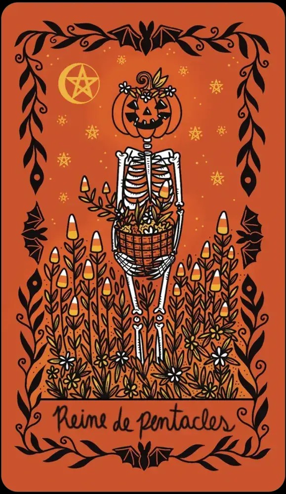 Halloween-Emporium Happy Halloween Tarot card featuring a skeleton with a pumpkin head holding a basket of candy corn.