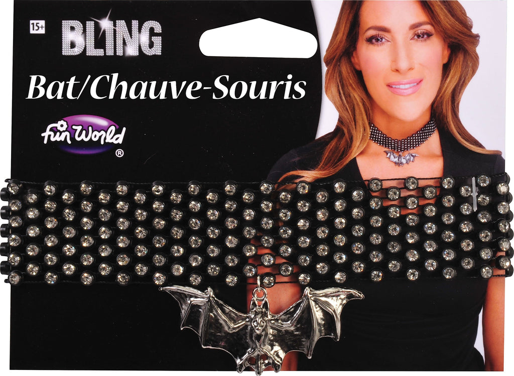 Halloween-Emporium black rhinestone choker necklace with a metallic bat pendant worn by a woman