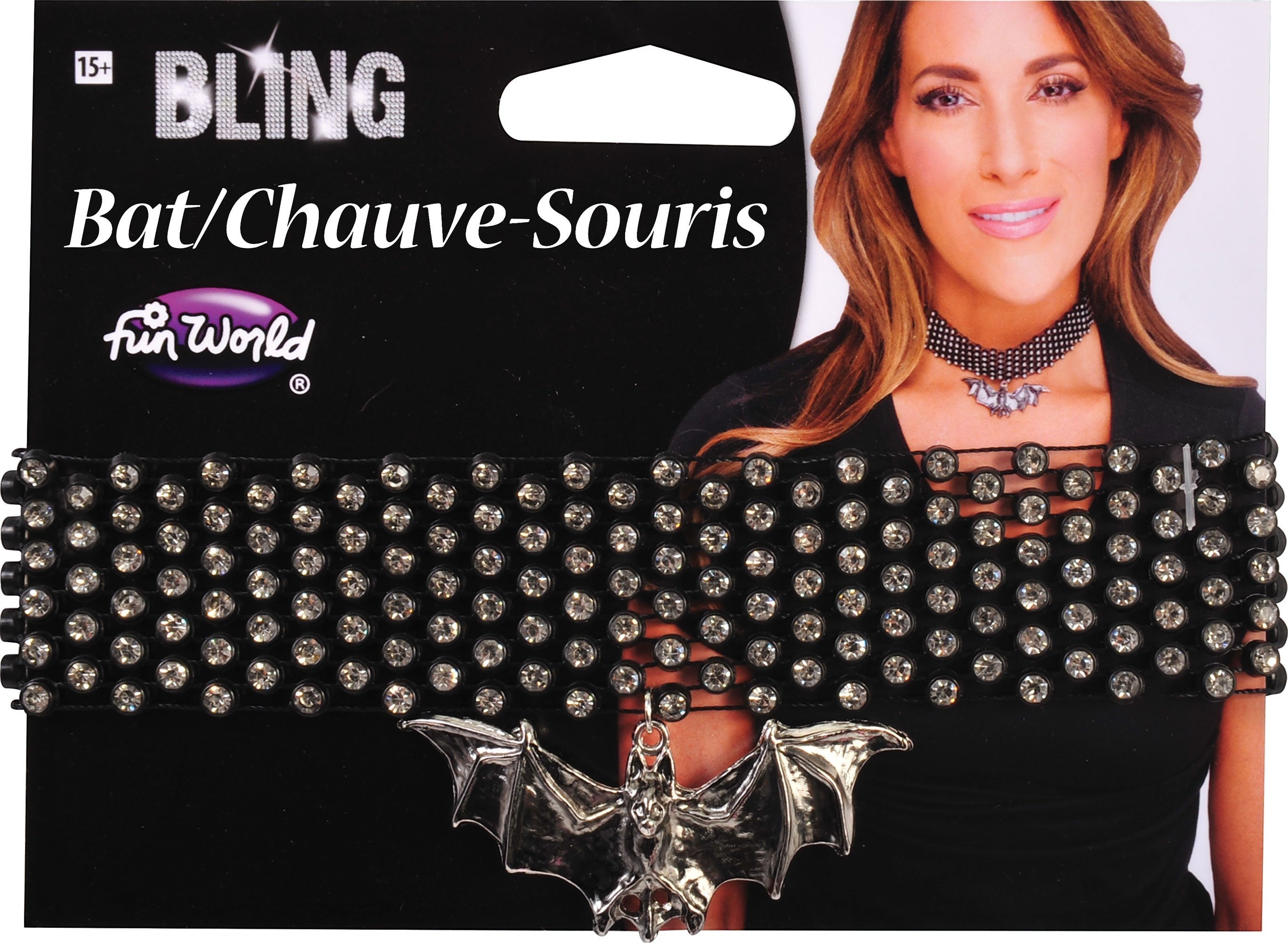 Halloween-Emporium black rhinestone choker necklace with a metallic bat pendant worn by a woman
