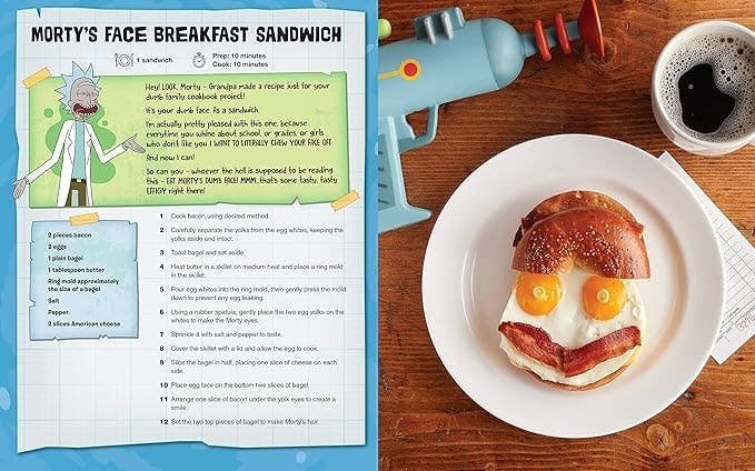 Halloween-Emporium Rick and Morty cookbook page showing a Morty face breakfast sandwich recipe with a toy ray gun.
