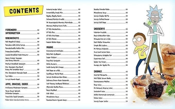 Halloween-Emporium Rick & Morty official cookbook contents page featuring character illustrations and recipe list