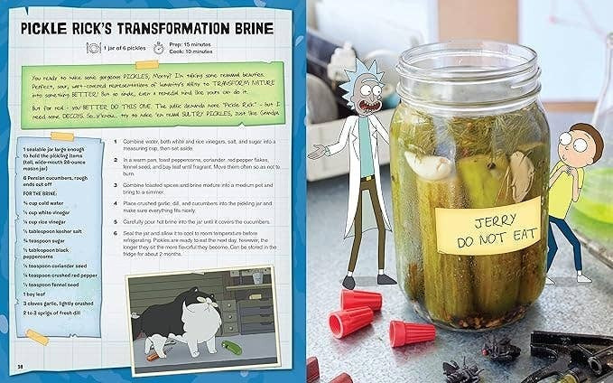 Halloween-Emporium Rick & Morty cookbook page showing the Pickle Rick transformation brine recipe and a jar of pickles.