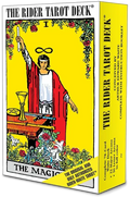 Halloween-Emporium Rider-Waite Tarot deck box featuring The Magician card illustration with vibrant yellow background