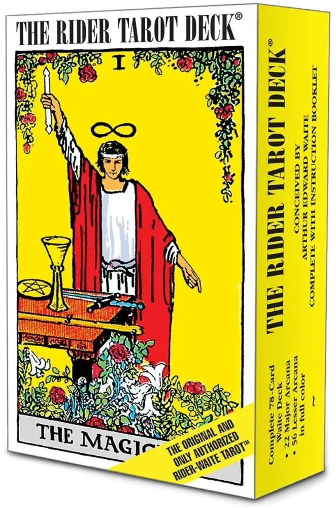 Halloween-Emporium Rider-Waite Tarot deck box featuring The Magician card illustration with vibrant yellow background