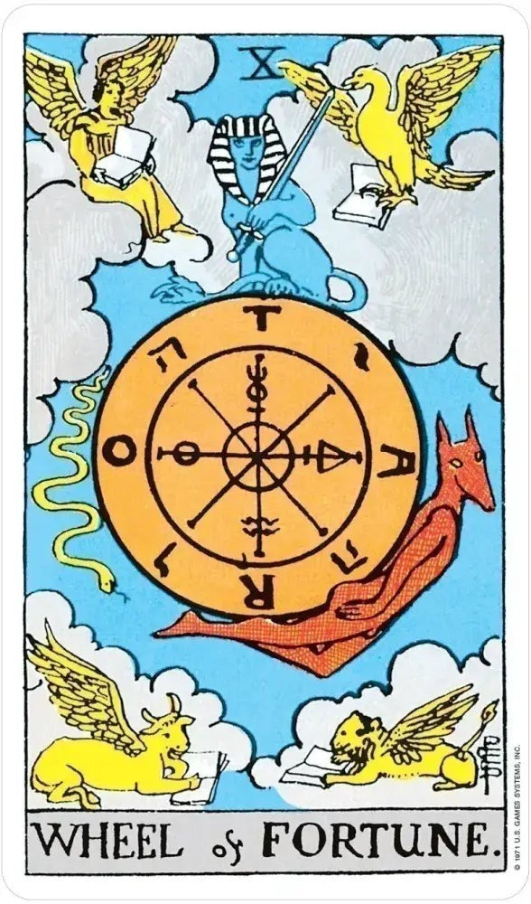 Halloween-Emporium Rider-Waite Wheel of Fortune tarot card featuring a central golden wheel with symbolic figures