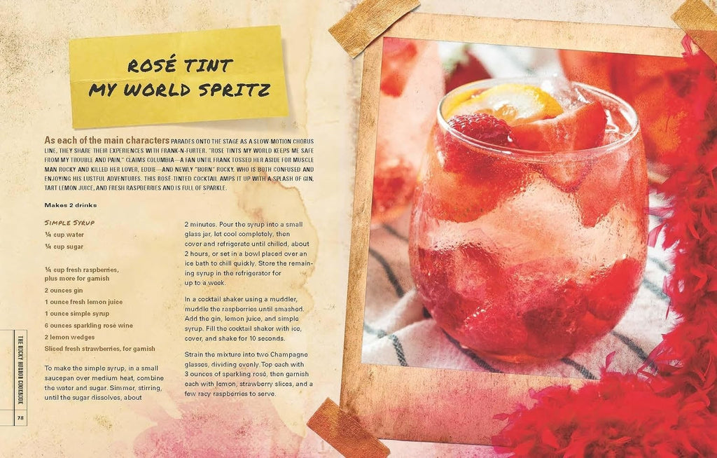 Halloween-Emporium The Rocky Horror Picture Show cookbook page featuring a Rose Tint My World Spritz cocktail recipe