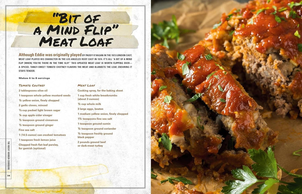 Halloween-Emporium Rocky Horror Picture Show cookbook page featuring a Bit of a Mind Flip meatloaf recipe