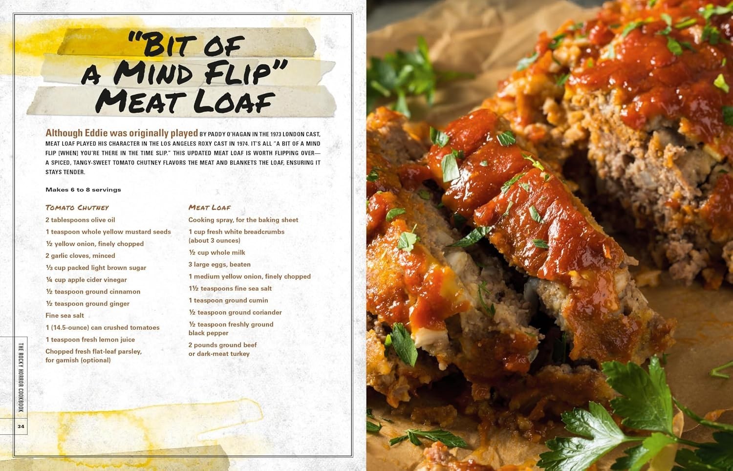 Halloween-Emporium Rocky Horror Picture Show cookbook page featuring a Bit of a Mind Flip meatloaf recipe