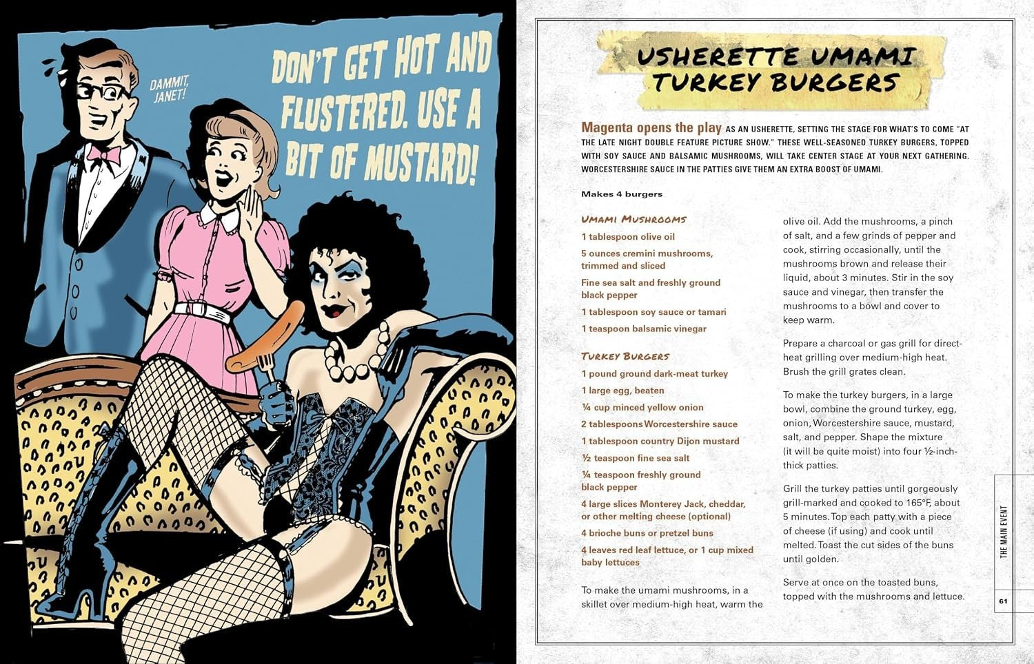 Halloween-Emporium The Rocky Horror Picture Show cookbook page featuring Magenta and Dr. Frank-N-Furter with a burger recipe