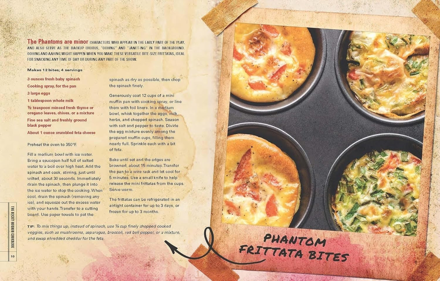 Halloween-Emporium Rocky Horror Picture Show cookbook page featuring a recipe for Phantom Frittata Bites