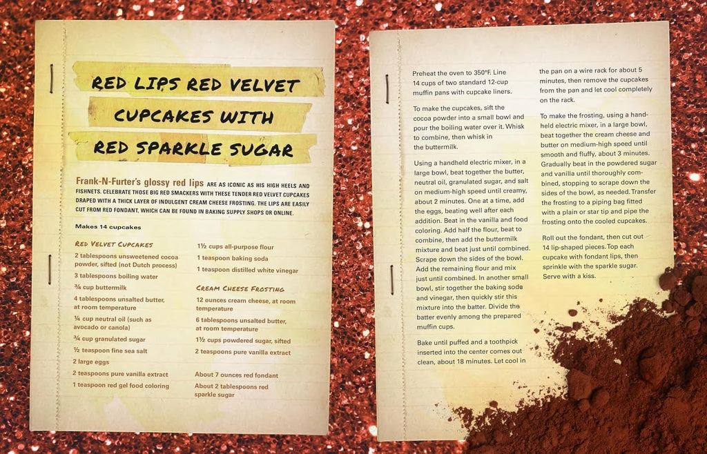 Halloween-Emporium Rocky Horror Picture Show cookbook page featuring a recipe for Red Lips Red Velvet Cupcakes.