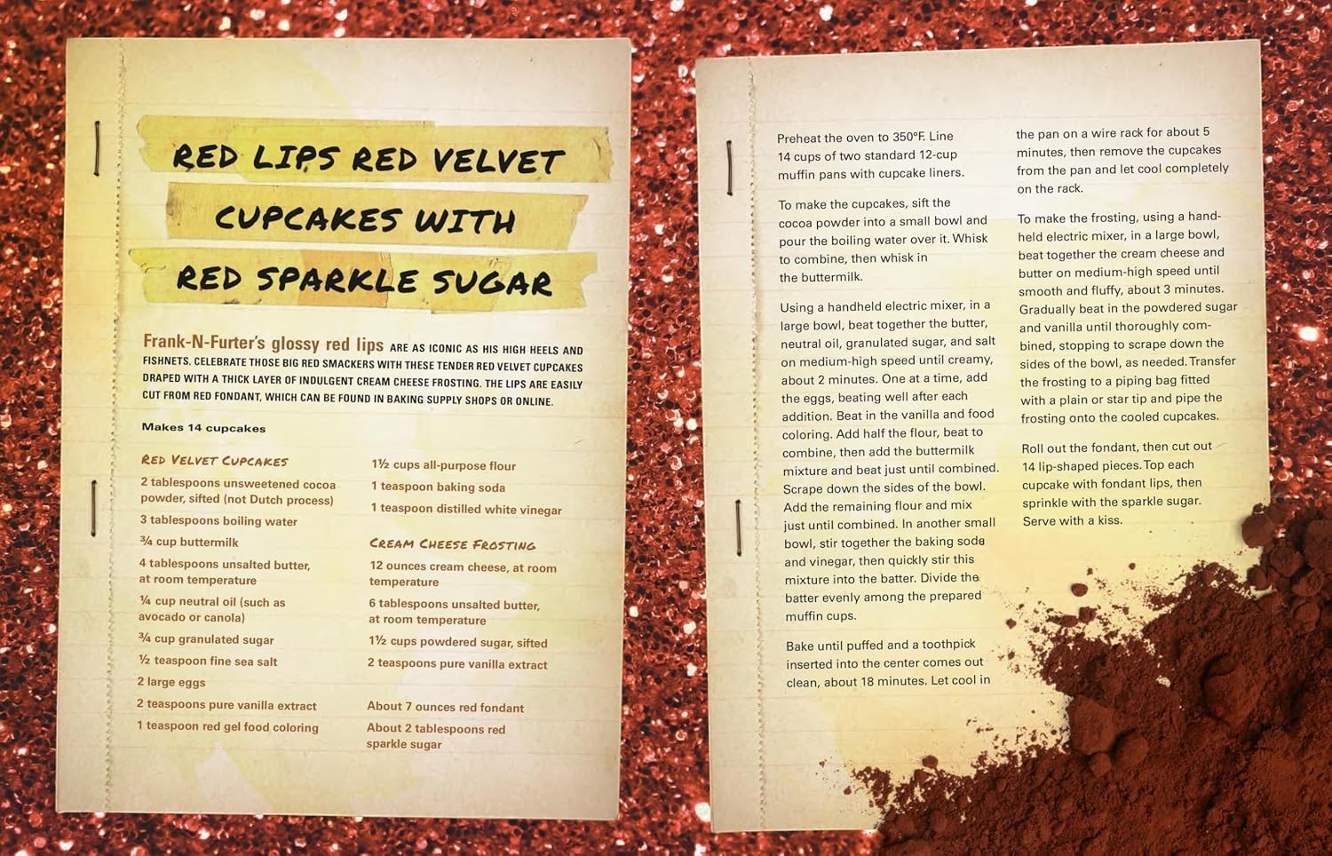 Halloween-Emporium Rocky Horror Picture Show cookbook page featuring a recipe for Red Lips Red Velvet Cupcakes.