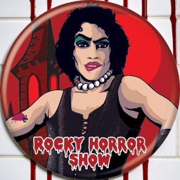 Halloween-Emporium 1.25 inch round Rocky Horror Picture Show button featuring Dr. Frank-N-Furter on a red background.