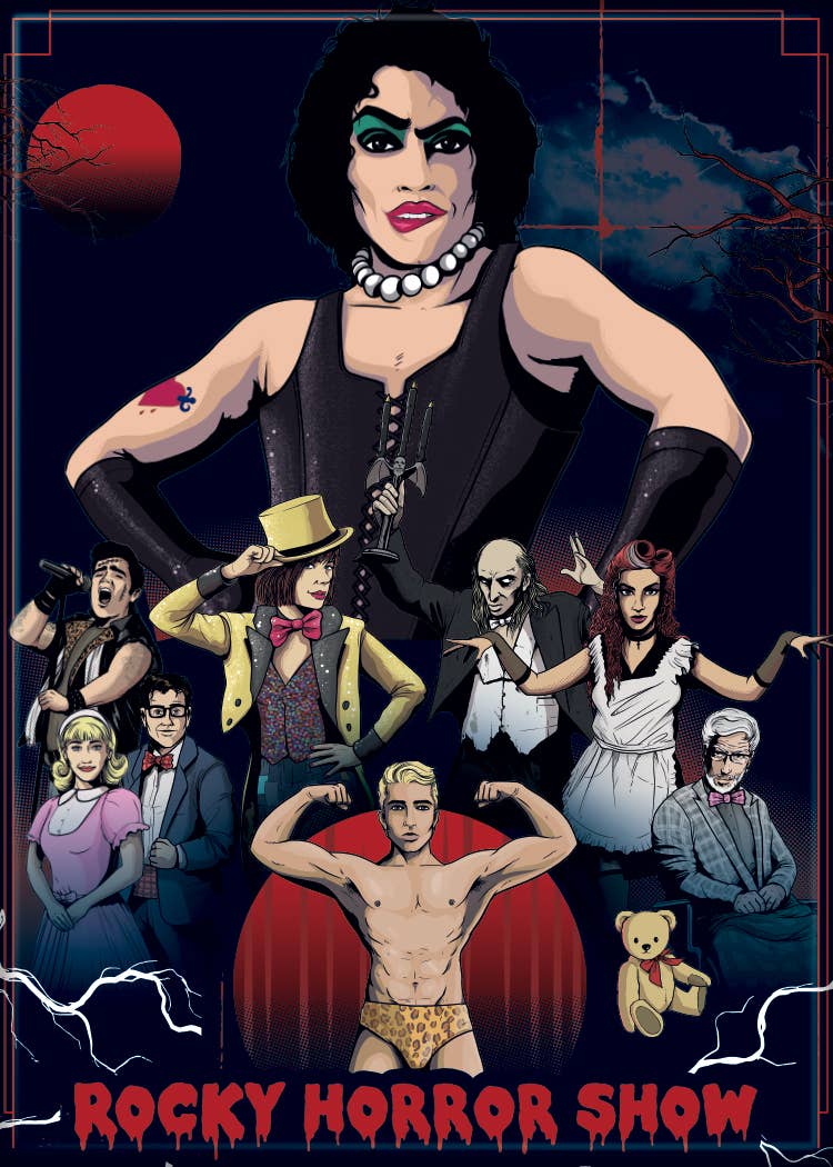 Halloween-Emporium Rocky Horror Picture Show group magnet featuring vibrant, high-definition cast illustration.