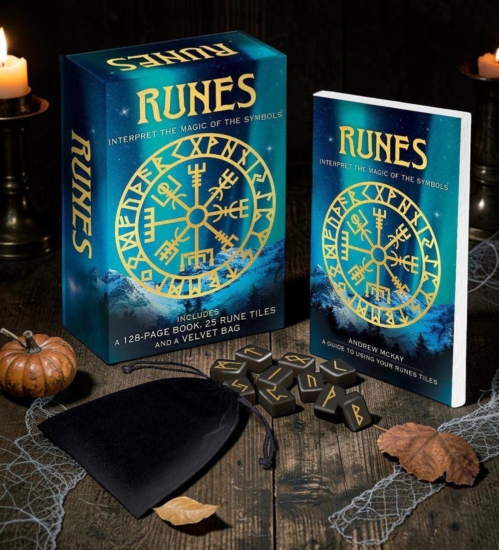 Halloween-Emporium Runes book and card deck kit with 25 engraved stones, velvet pouch, and guide book on wooden table.