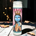 Halloween-Emporium 8-inch white wax prayer candle featuring Sally from The Nightmare Before Christmas in saint pop art