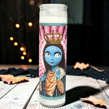 Halloween-Emporium 8-inch white wax prayer candle featuring Sally from The Nightmare Before Christmas in saint pop art