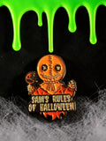 Halloween-Emporium Trick 'r' Treat Sam enamel pin featuring the character holding a lollipop with text below.