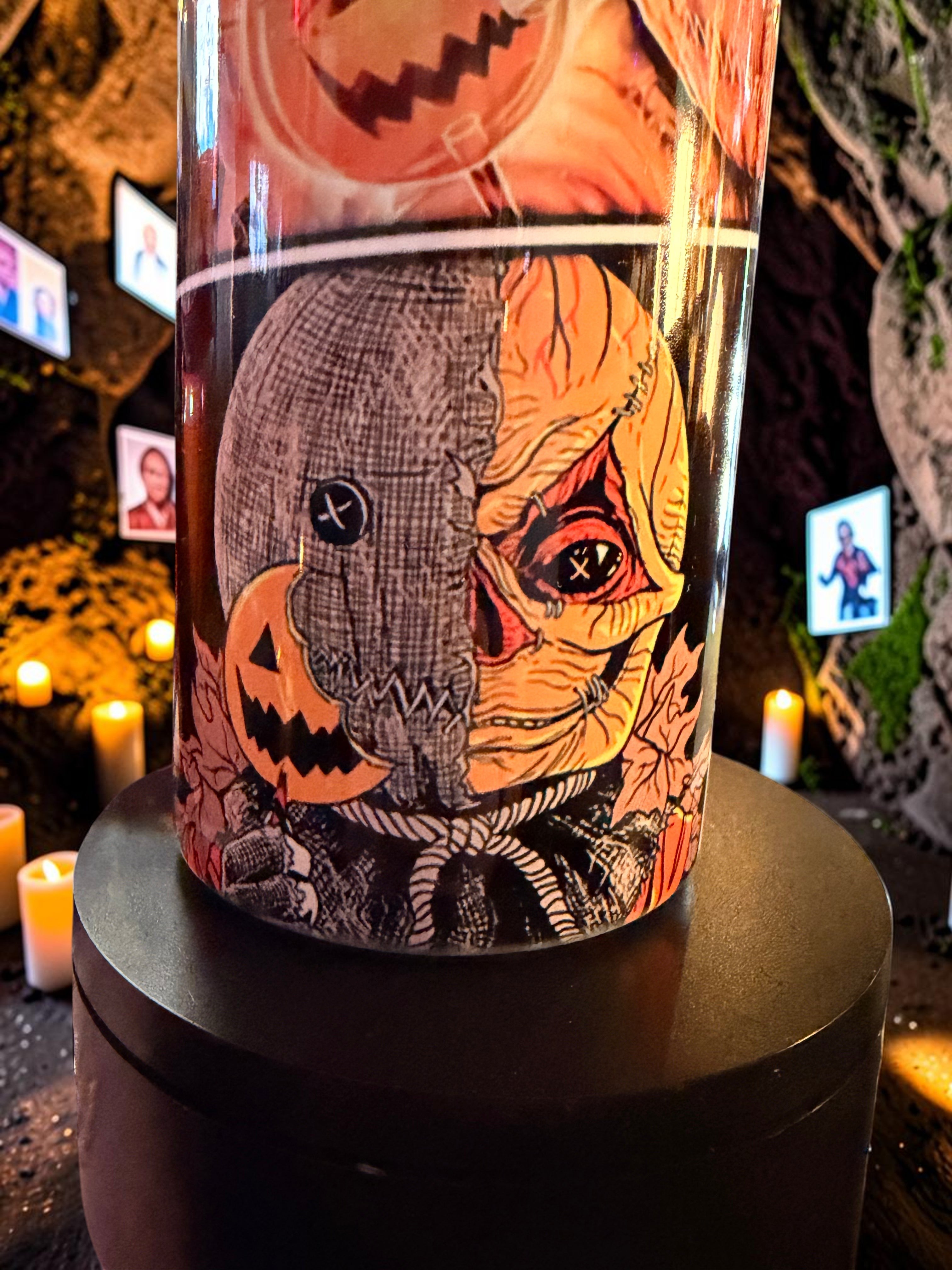 Halloween-Emporium stainless steel tumbler featuring Sam from Trick 'r' Treat with a burlap mask and pumpkin design.