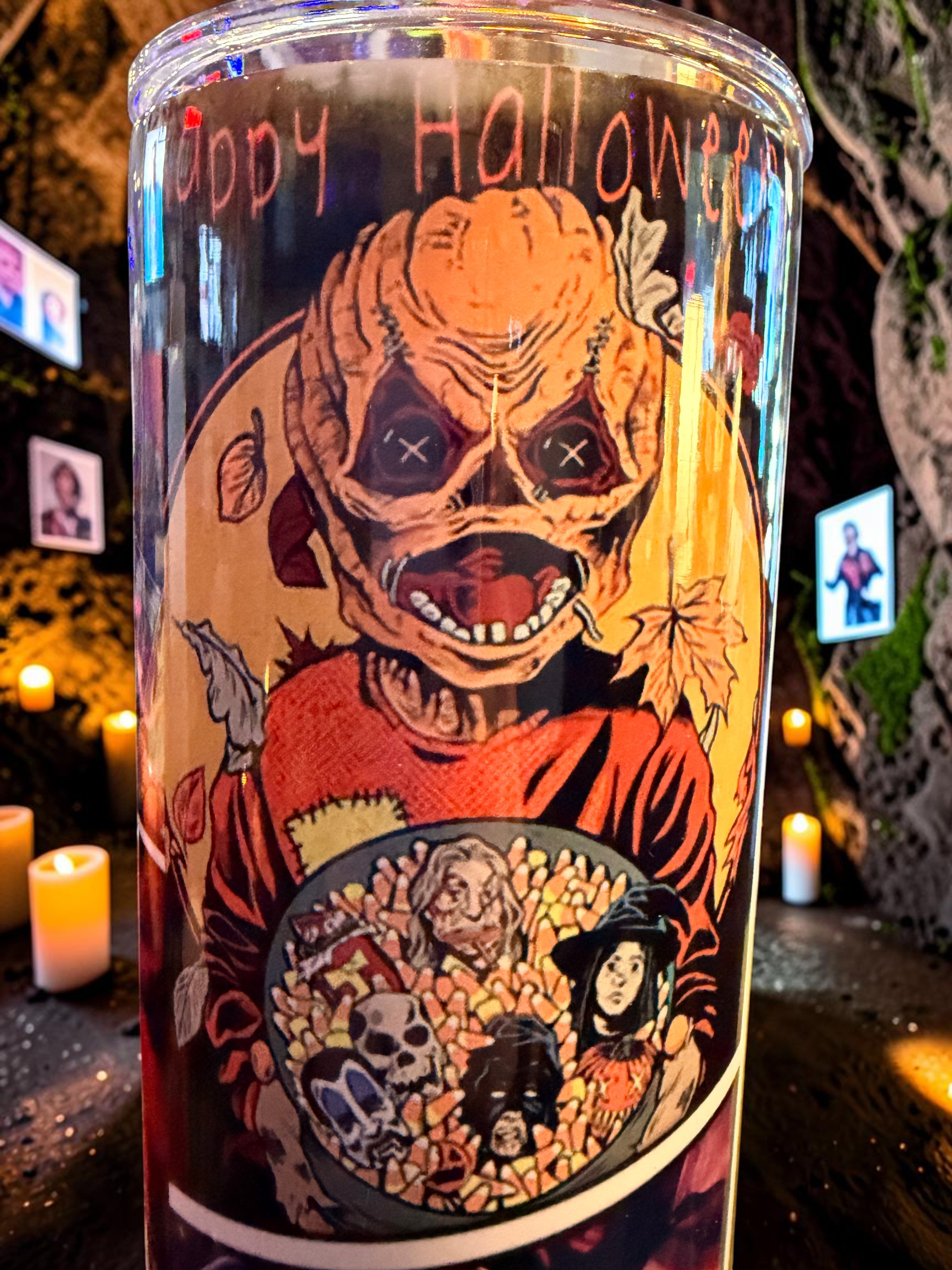 Halloween-Emporium stainless steel tumbler featuring Sam from Trick 'r' Treat with candy corn and autumn leaves