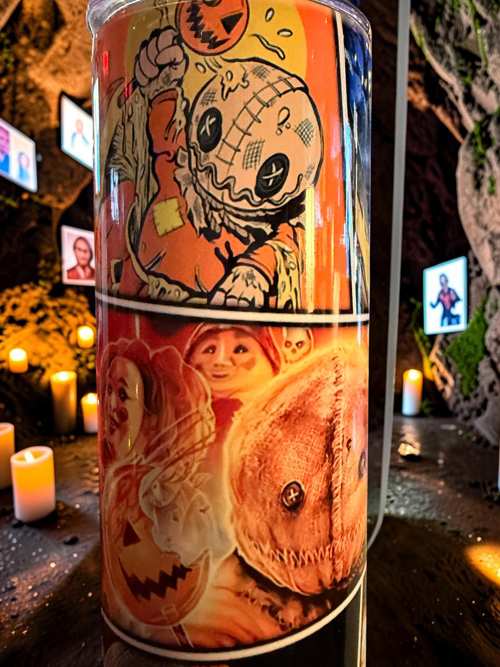 Halloween-Emporium stainless steel tumbler featuring Sam from Trick 'r' Treat in a comic book style illustration.