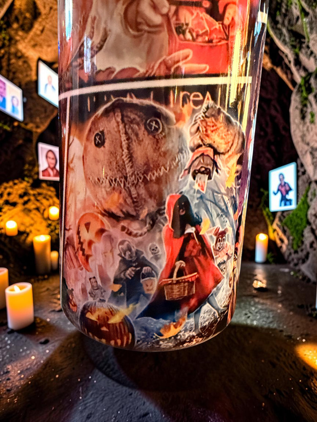Halloween-Emporium stainless steel tumbler featuring Sam from Trick 'r' Treat with spooky horror movie graphics