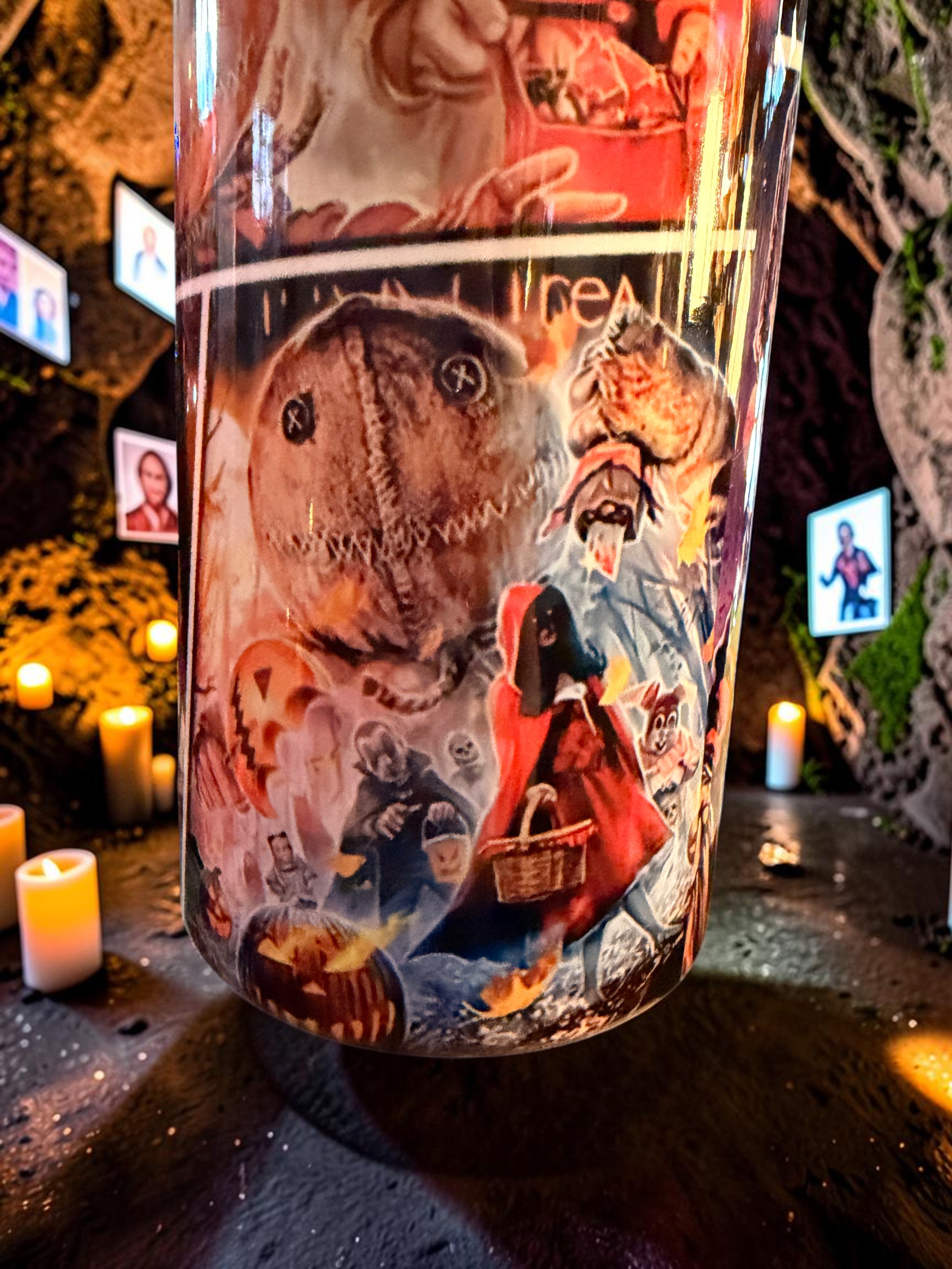 Halloween-Emporium stainless steel tumbler featuring Sam from Trick 'r' Treat with spooky horror movie graphics