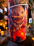 Halloween-Emporium stainless steel tumbler featuring Sam from Trick 'r' Treat with a burlap mask and orange costume