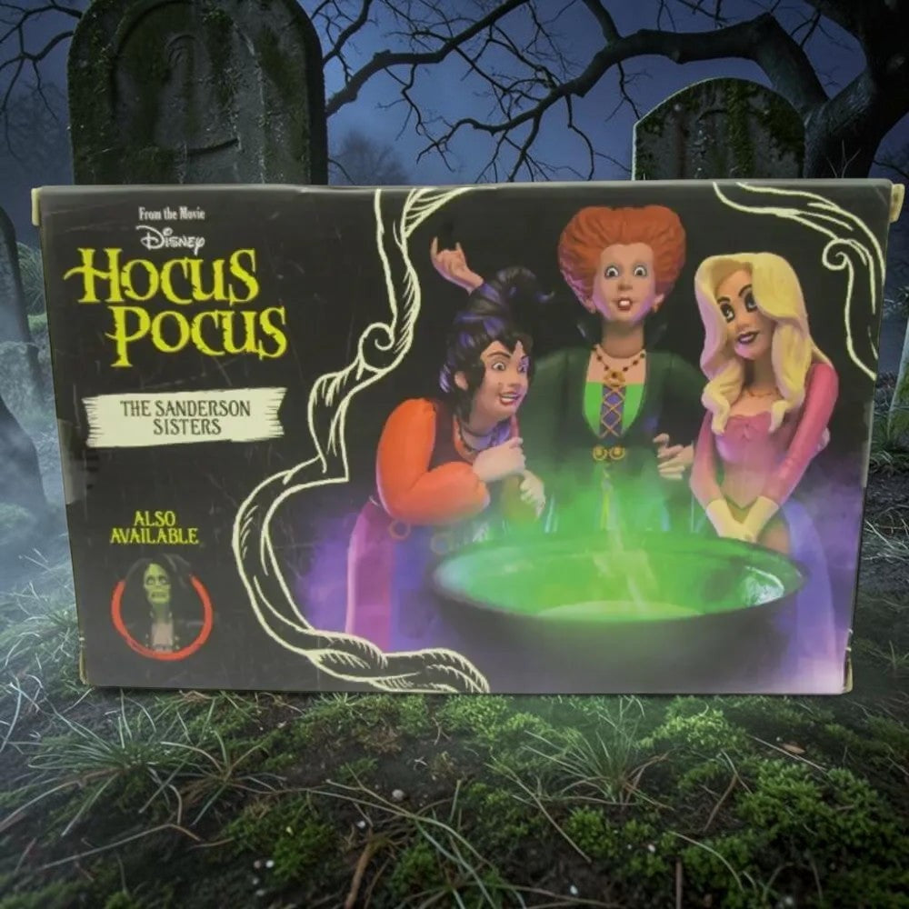 Halloween-Emporium NECA Hocus Pocus Sanderson Sisters figure set in original packaging featuring Winifred, Sarah, and Mary.