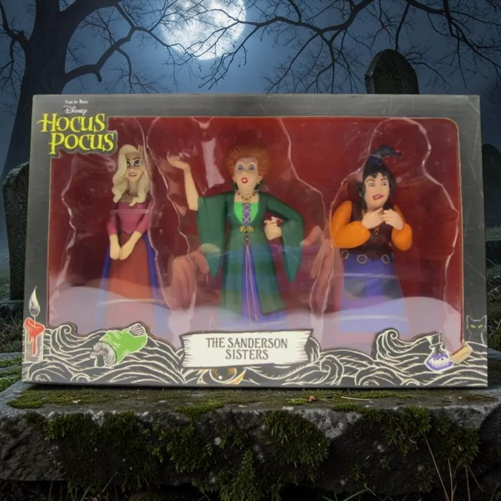 Halloween-Emporium Sanderson Sisters figure set featuring Winifred, Sarah, and Mary in original movie-accurate packaging