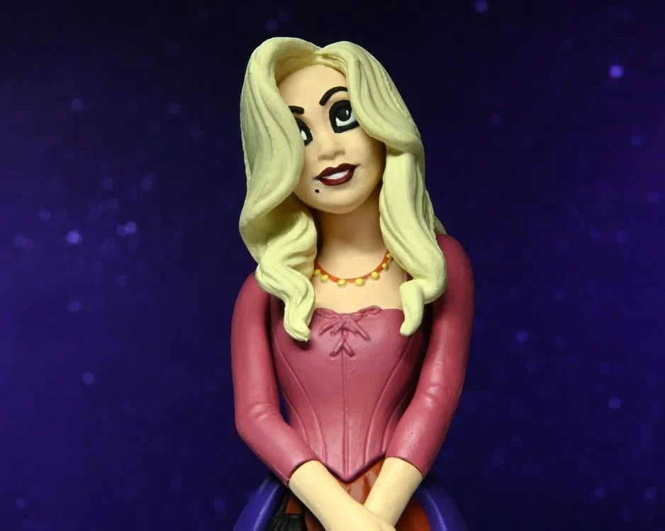 Halloween-Emporium NECA Sarah Sanderson figure with blonde hair and pink bodice against a dark purple background