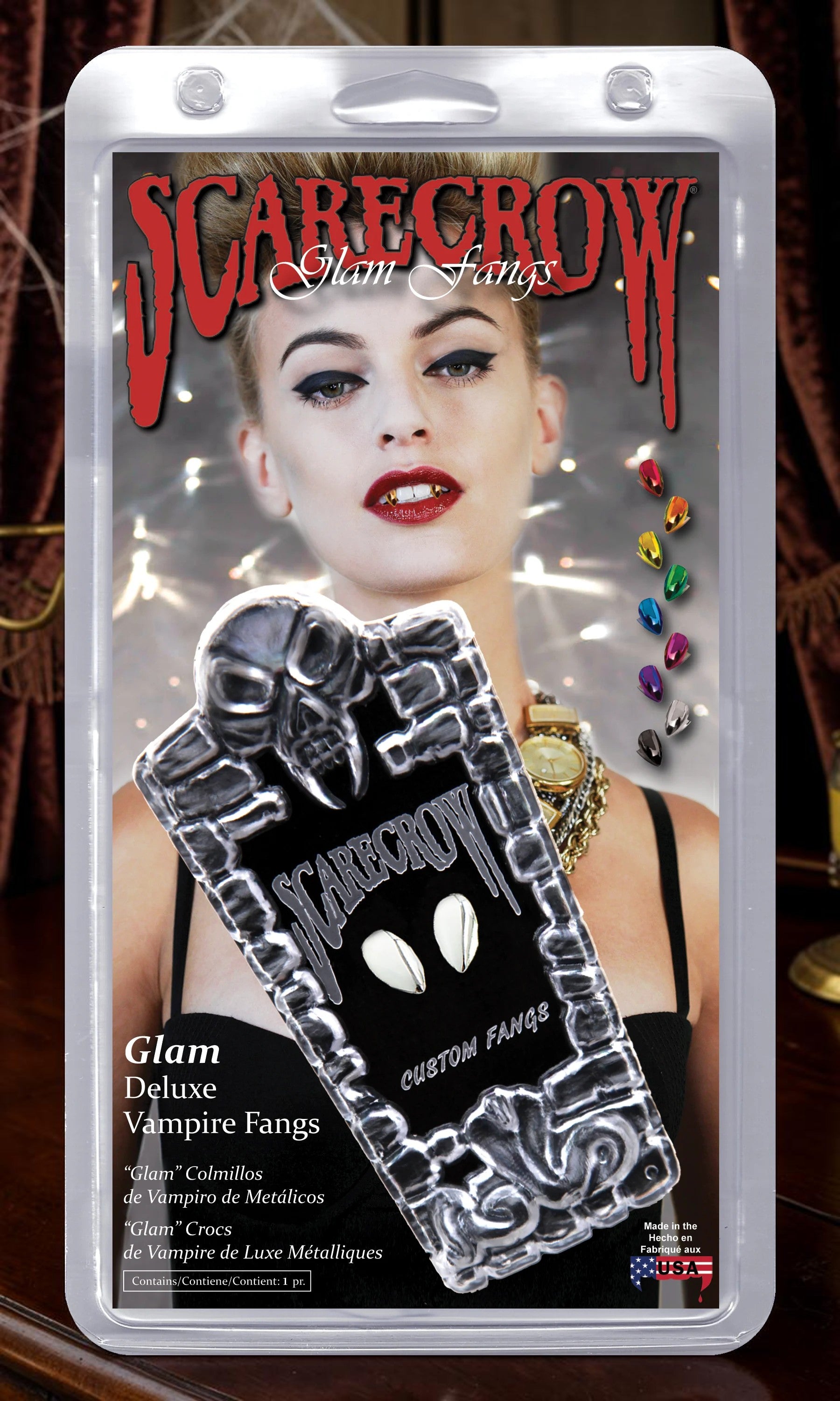 Halloween-Emporium Scarecrow Glam Deluxe chrome vampire fangs in blister pack packaging with model photo