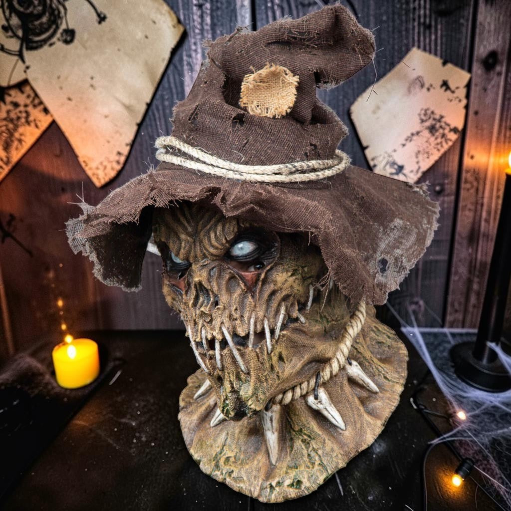 Halloween-Emporium terrifying scarecrow mask with weathered burlap texture, stitched mouth, and rustic hat