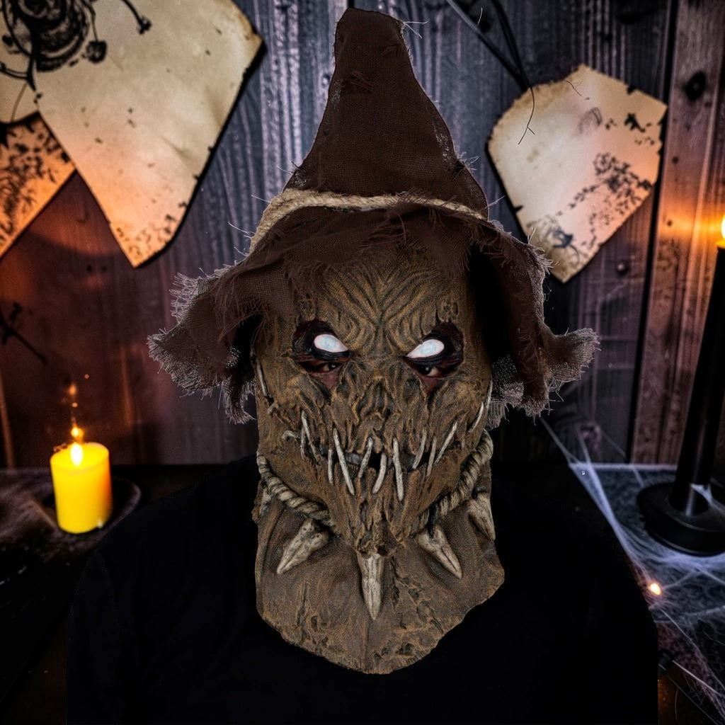 Halloween-Emporium terrifying scarecrow latex mask with weathered burlap texture, stitched mouth, and rustic hat.