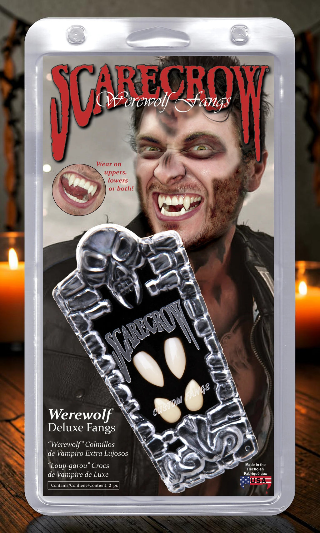Halloween-Emporium Scarecrow Werewolf Deluxe Custom Fangs in retail packaging with two pairs of realistic white fangs.